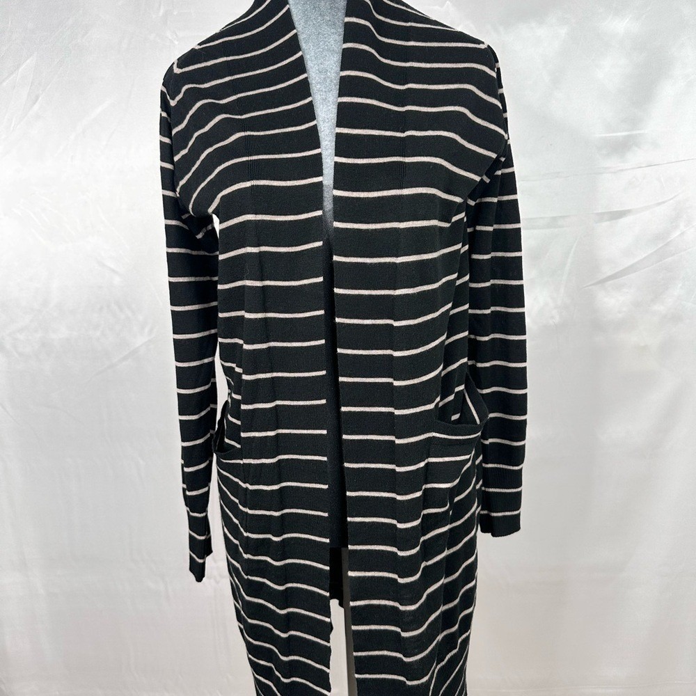 A New Day Womens XS Black Tan Striped Longline Open Front Cardigan Sweater NWT